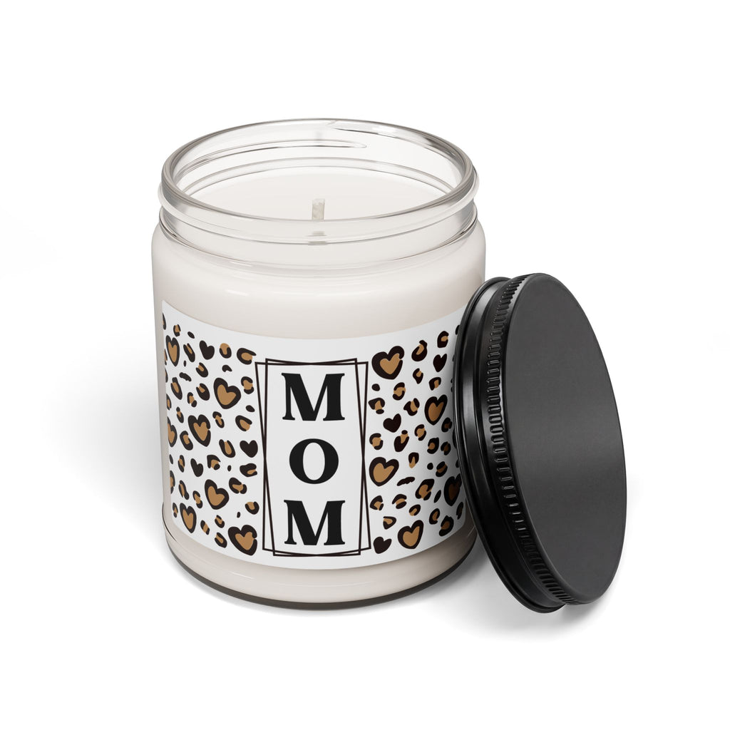 MOM Leopard Heart Scented Soy Candle - 9oz Glass Jar Eco-Friendly Candle - Chic Vertical Typography Gift - Animal Print Heart Decor - Long Lasting 50-60 Hour Burn