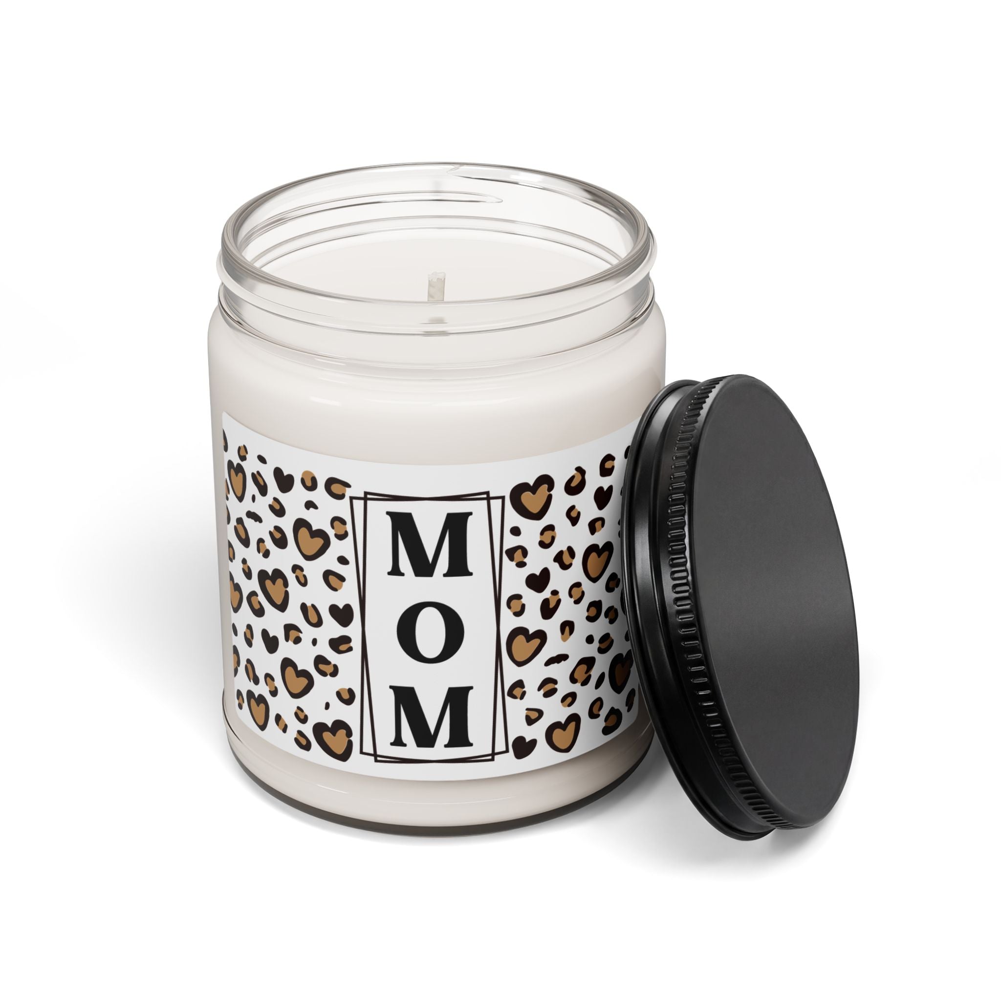 MOM Leopard Heart Scented Soy Candle - 9oz Glass Jar Eco-Friendly Candle - Chic Vertical Typography Gift - Animal Print Heart Decor - Long Lasting 50-60 Hour Burn