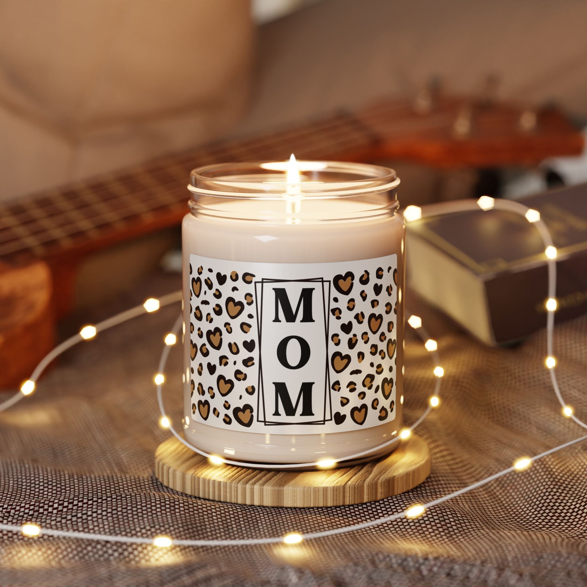 MOM Leopard Heart Scented Soy Candle - 9oz Glass Jar Eco-Friendly Candle - Chic Vertical Typography Gift - Animal Print Heart Decor - Long Lasting 50-60 Hour Burn