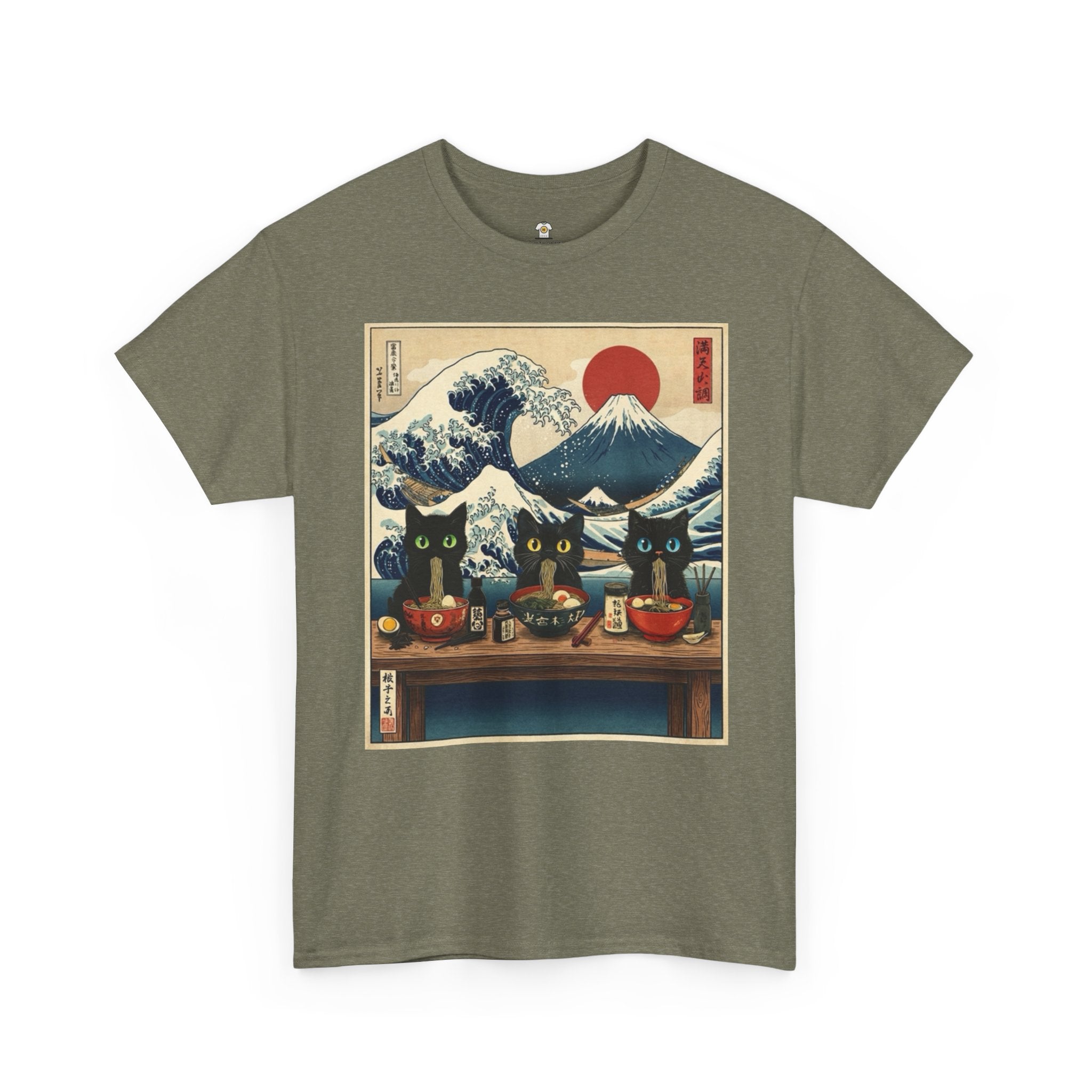 Japanese Sushi Cat Great Wave Graphic Tee - 100% Cotton Heavyweight Unisex T-Shirt - Vintage Ukiyo-e Style Hokusai Inspired Aesthetic Tee