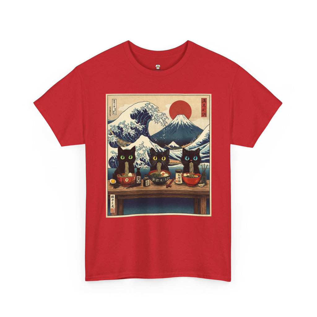 Japanese Sushi Cat Great Wave Graphic Tee - 100% Cotton Heavyweight Unisex T-Shirt - Vintage Ukiyo-e Style Hokusai Inspired Aesthetic Tee
