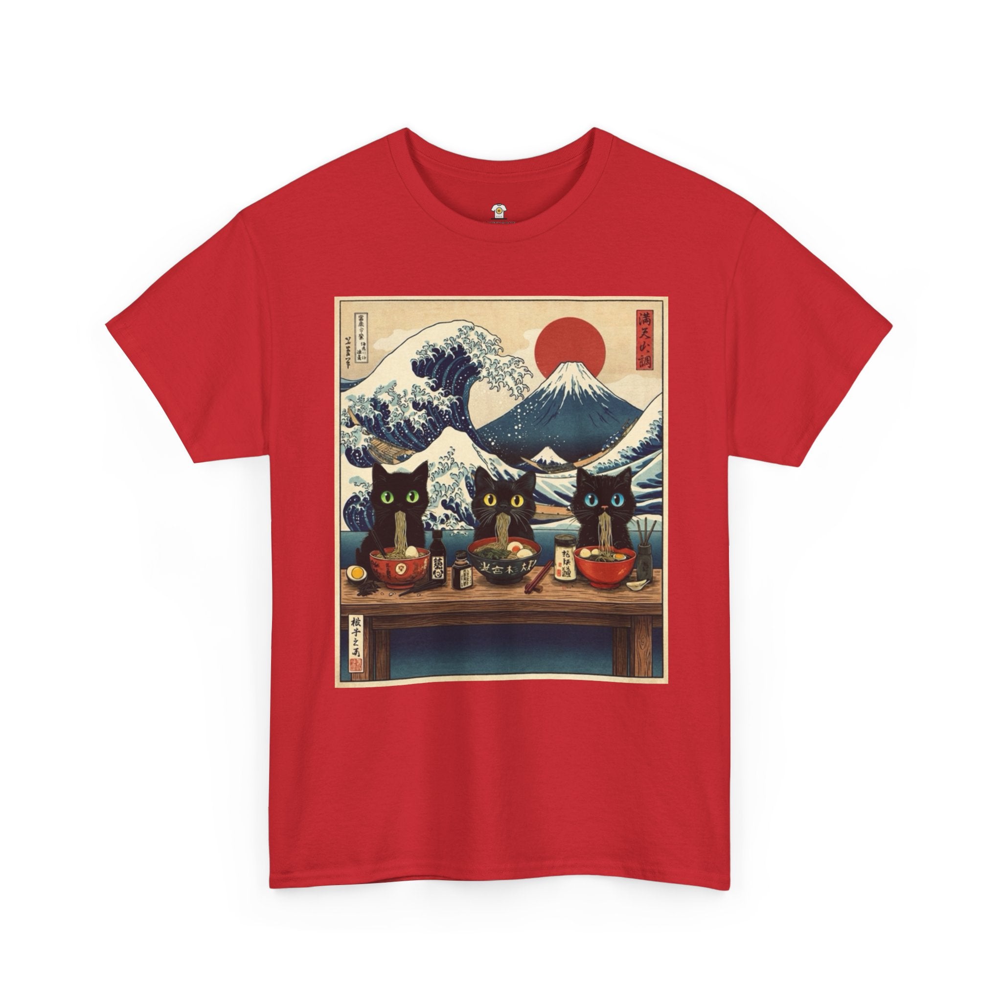 Japanese Sushi Cat Great Wave Graphic Tee - 100% Cotton Heavyweight Unisex T-Shirt - Vintage Ukiyo-e Style Hokusai Inspired Aesthetic Tee