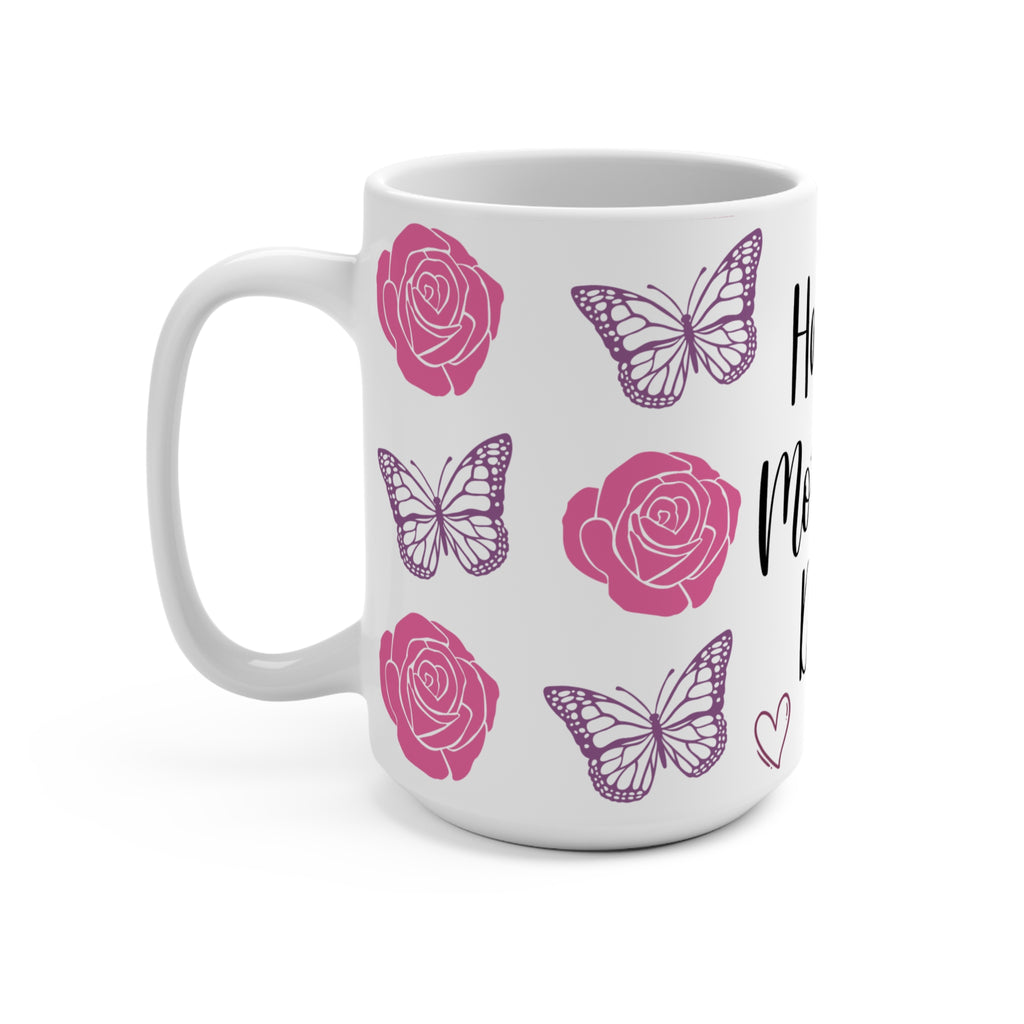 Happy Mother's Day Rose & Butterfly 15oz Ceramic Mug - Large Floral Coffee Cup with Pink Roses & Purple Butterflies - Mother's Day Gift - Aesthetic Botanical Tea Mug for Mom