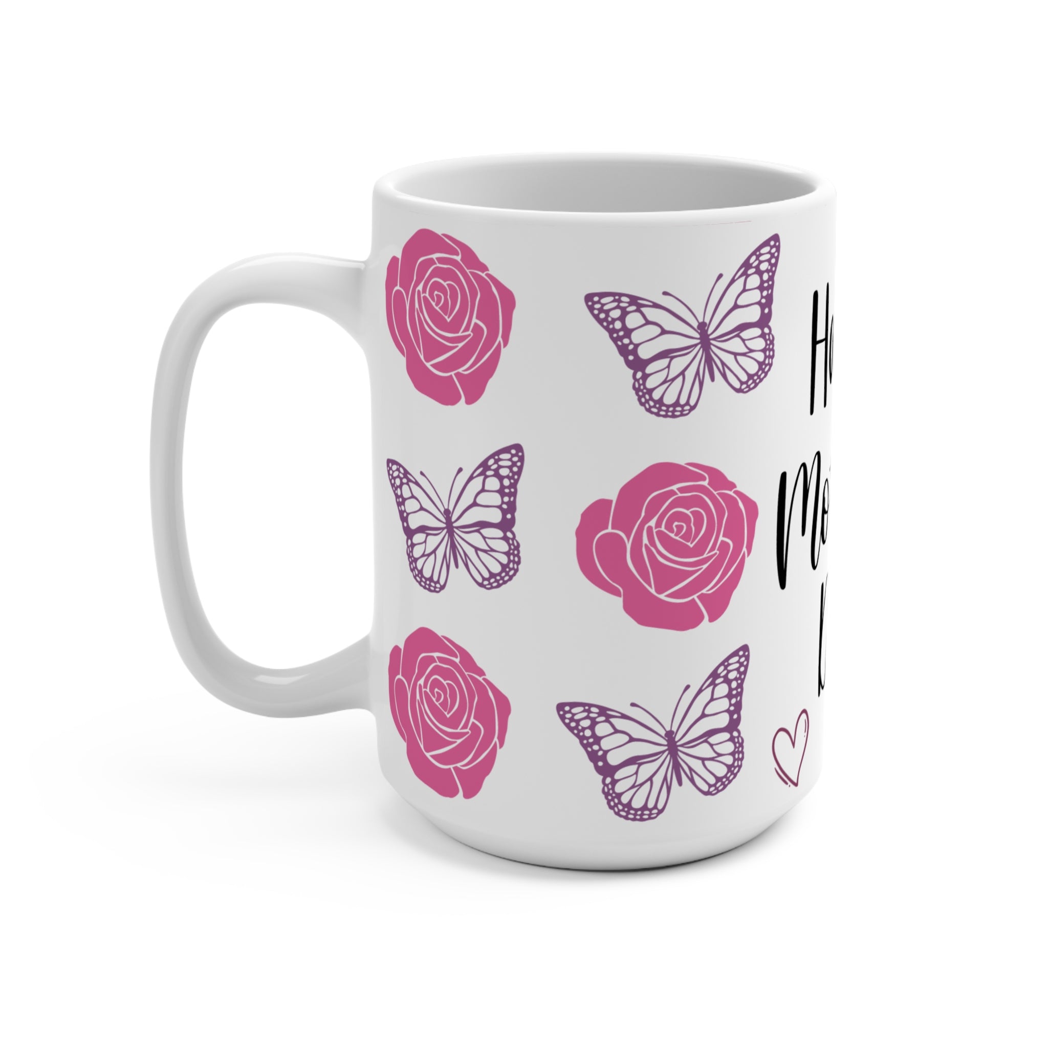 Happy Mother's Day Rose & Butterfly 15oz Ceramic Mug - Large Floral Coffee Cup with Pink Roses & Purple Butterflies - Mother's Day Gift - Aesthetic Botanical Tea Mug for Mom