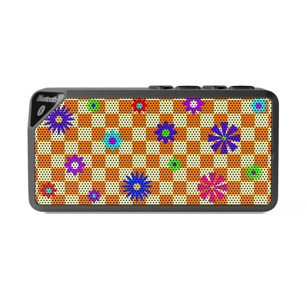Retro Checkerboard Floral Portable Bluetooth Speaker - Orange & Purple Vintage Aesthetic Wireless Speaker - 3W Mini Sound Box with 10m Range & Aux Input - Trendy Boho Tech Decor