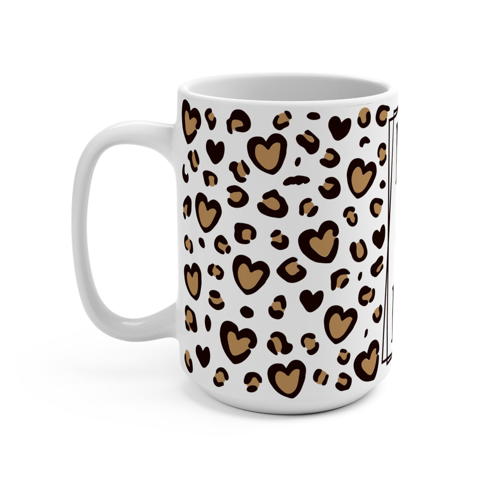 MOM Monogram Leopard Heart 15oz Ceramic Mug - Large Coffee Cup with Vertical Typography & Animal Print - Mother's Day Gift - Chic Cheetah Heart Aesthetic Mom Mug