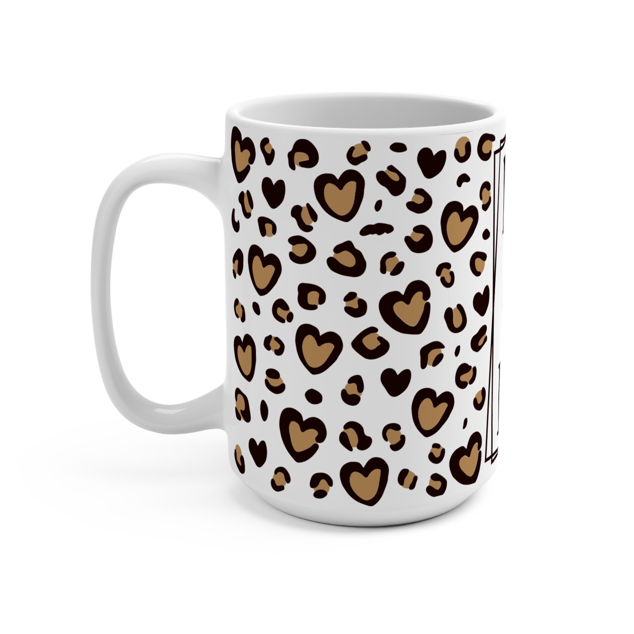 MOM Monogram Leopard Heart 15oz Ceramic Mug - Large Coffee Cup with Vertical Typography & Animal Print - Mother's Day Gift - Chic Cheetah Heart Aesthetic Mom Mug