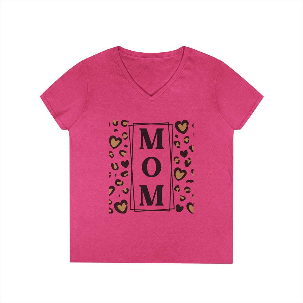 MOM Leopard Heart White V-Neck T-Shirt - 100% Cotton Semi-Fitted Graphic Tee - Mother's Day Gift - Cheetah Print Aesthetic Monogram Mom Shirt