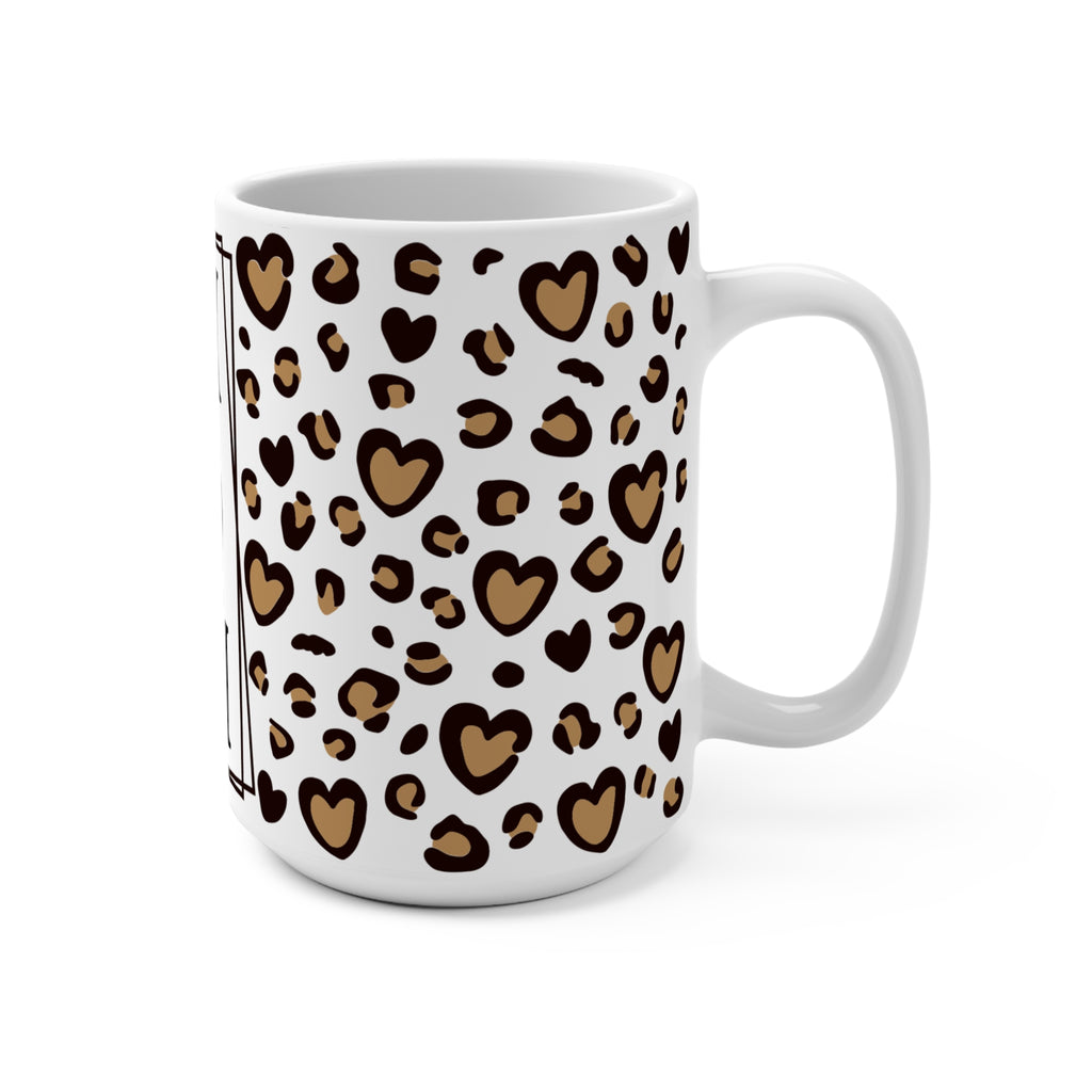 MOM Monogram Leopard Heart 15oz Ceramic Mug - Large Coffee Cup with Vertical Typography & Animal Print - Mother's Day Gift - Chic Cheetah Heart Aesthetic Mom Mug