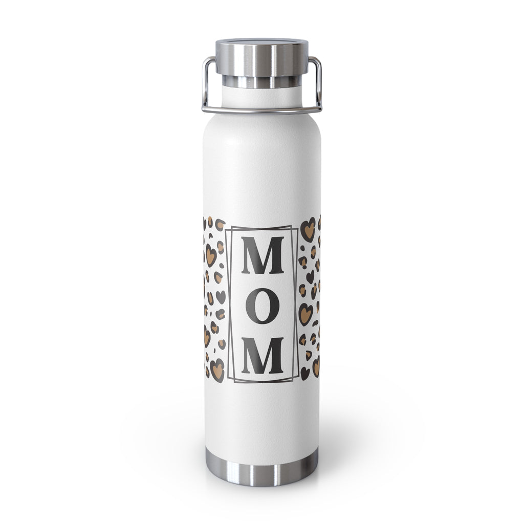 MOM Leopard Heart 22oz Copper Vacuum Insulated Bottle - Matte White Stainless Steel Water Bottle with Spill-Proof Loop Lid - Trendy Mother's Day Gift - Cheetah Print Aesthetic Mom Bottle