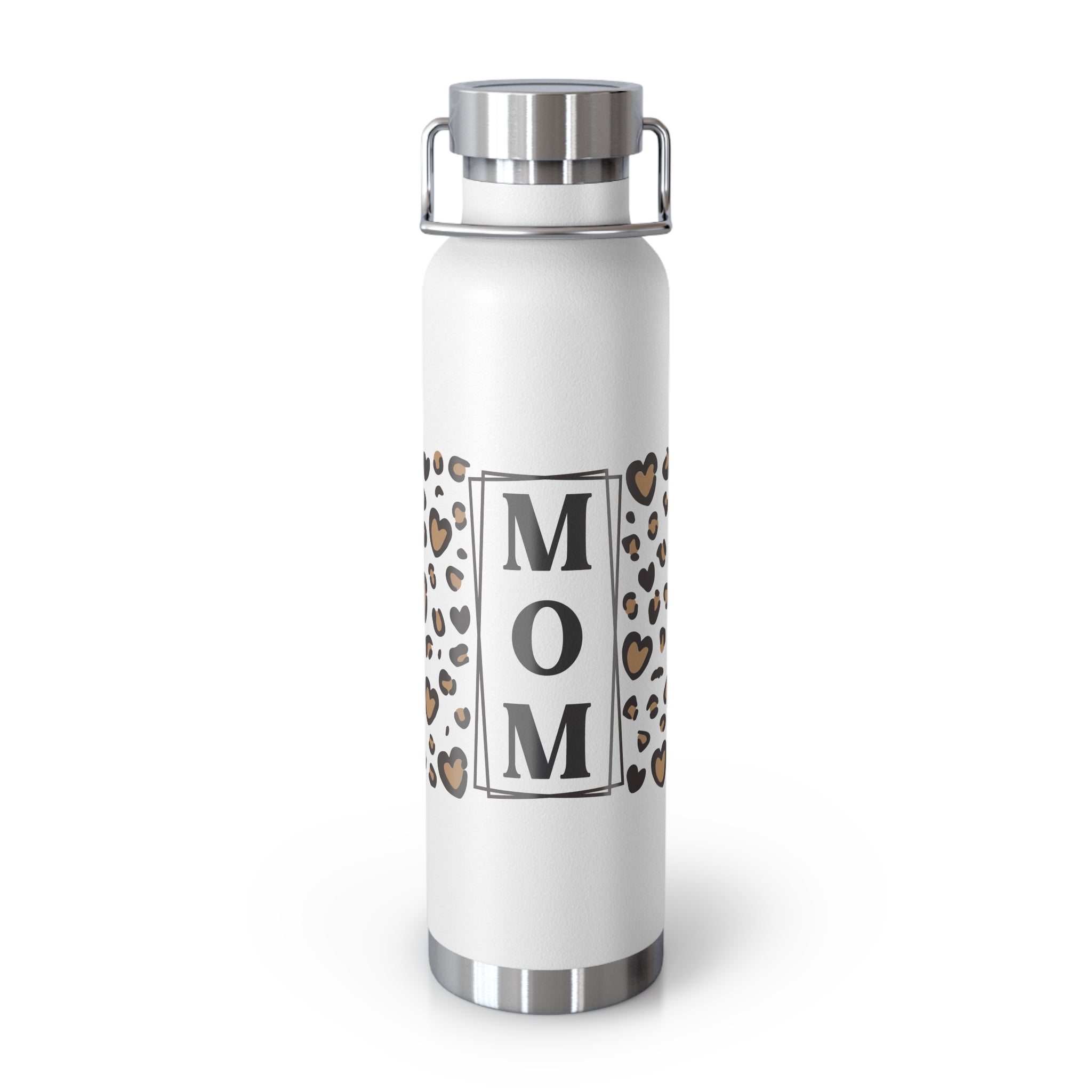 MOM Leopard Heart 22oz Copper Vacuum Insulated Bottle - Matte White Stainless Steel Water Bottle with Spill-Proof Loop Lid - Trendy Mother's Day Gift - Cheetah Print Aesthetic Mom Bottle