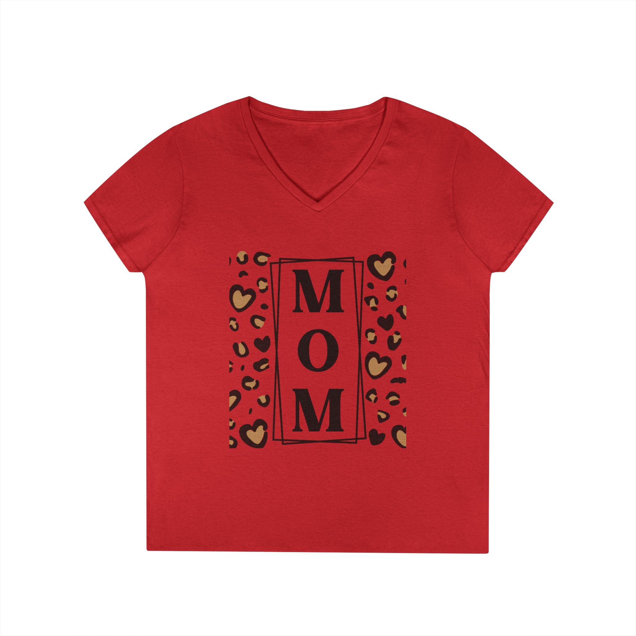 MOM Leopard Heart White V-Neck T-Shirt - 100% Cotton Semi-Fitted Graphic Tee - Mother's Day Gift - Cheetah Print Aesthetic Monogram Mom Shirt