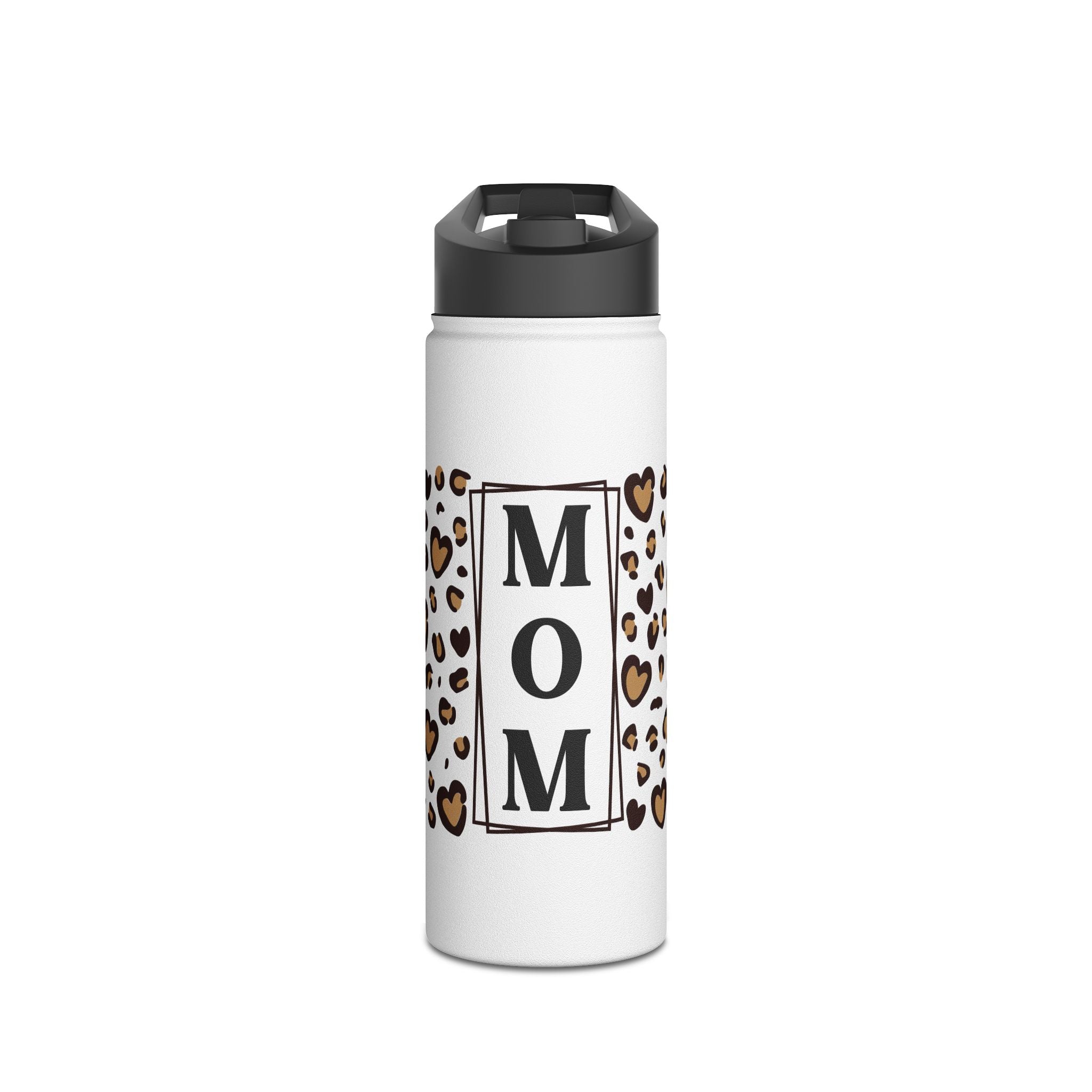 MOM Leopard Heart Stainless Steel Water Bottle - 12oz, 18oz, 32oz Matte White Insulated Bottle with Vertical Monogram - Mother's Day Gift - Cheetah Print Aesthetic Mom Bottle