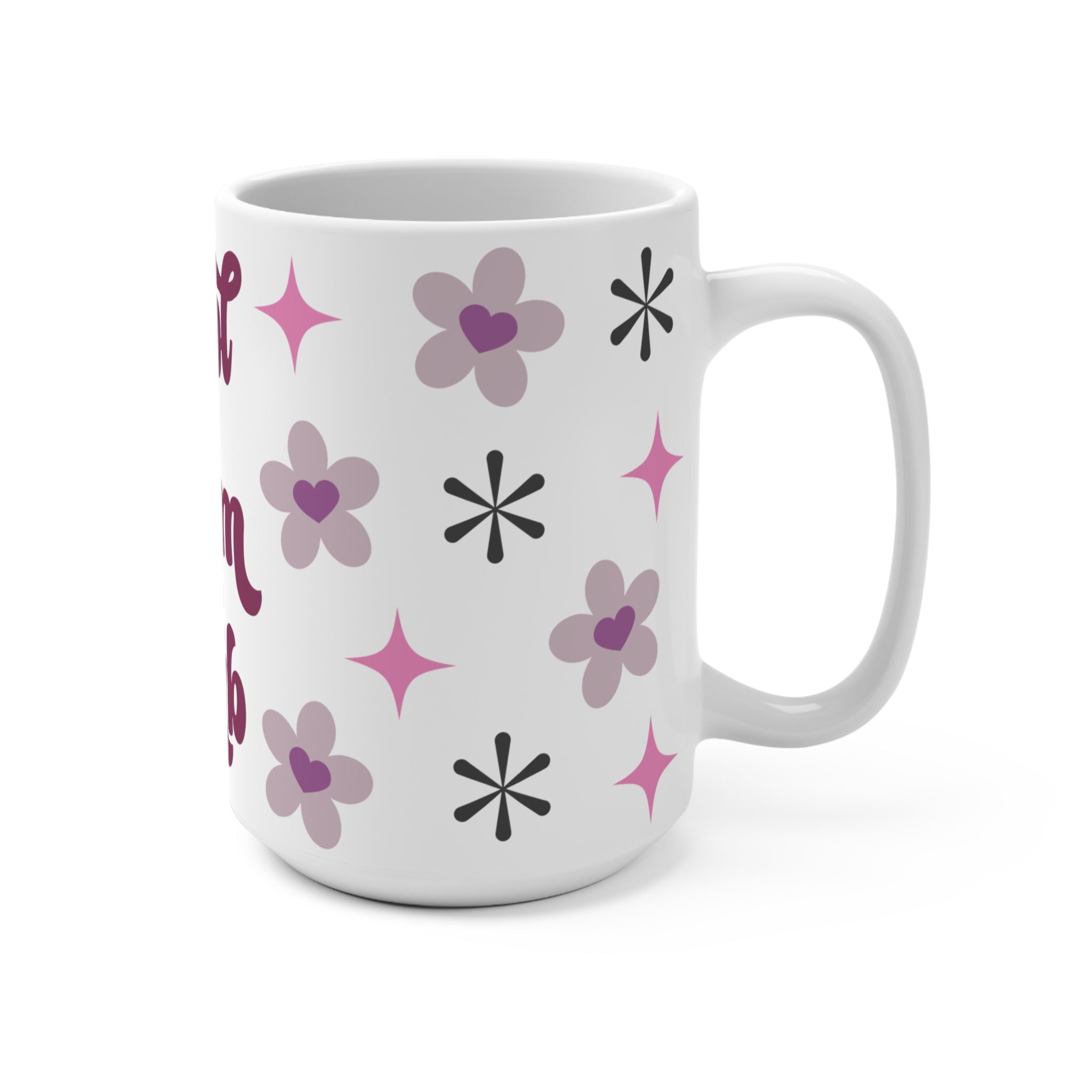 Cool Mum Club Retro Ceramic Mug - Large 15oz Coffee Cup with Mauve Flowers & Groovy Starbursts - Mother's Day Gift - Nostalgic Pink & Purple Aesthetic Mum Club Mug
