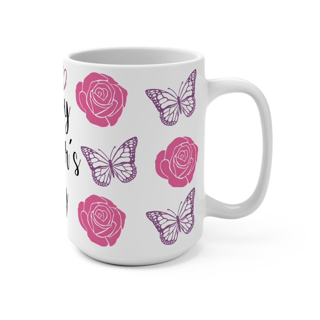 Happy Mother's Day Rose & Butterfly 15oz Ceramic Mug - Large Floral Coffee Cup with Pink Roses & Purple Butterflies - Mother's Day Gift - Aesthetic Botanical Tea Mug for Mom