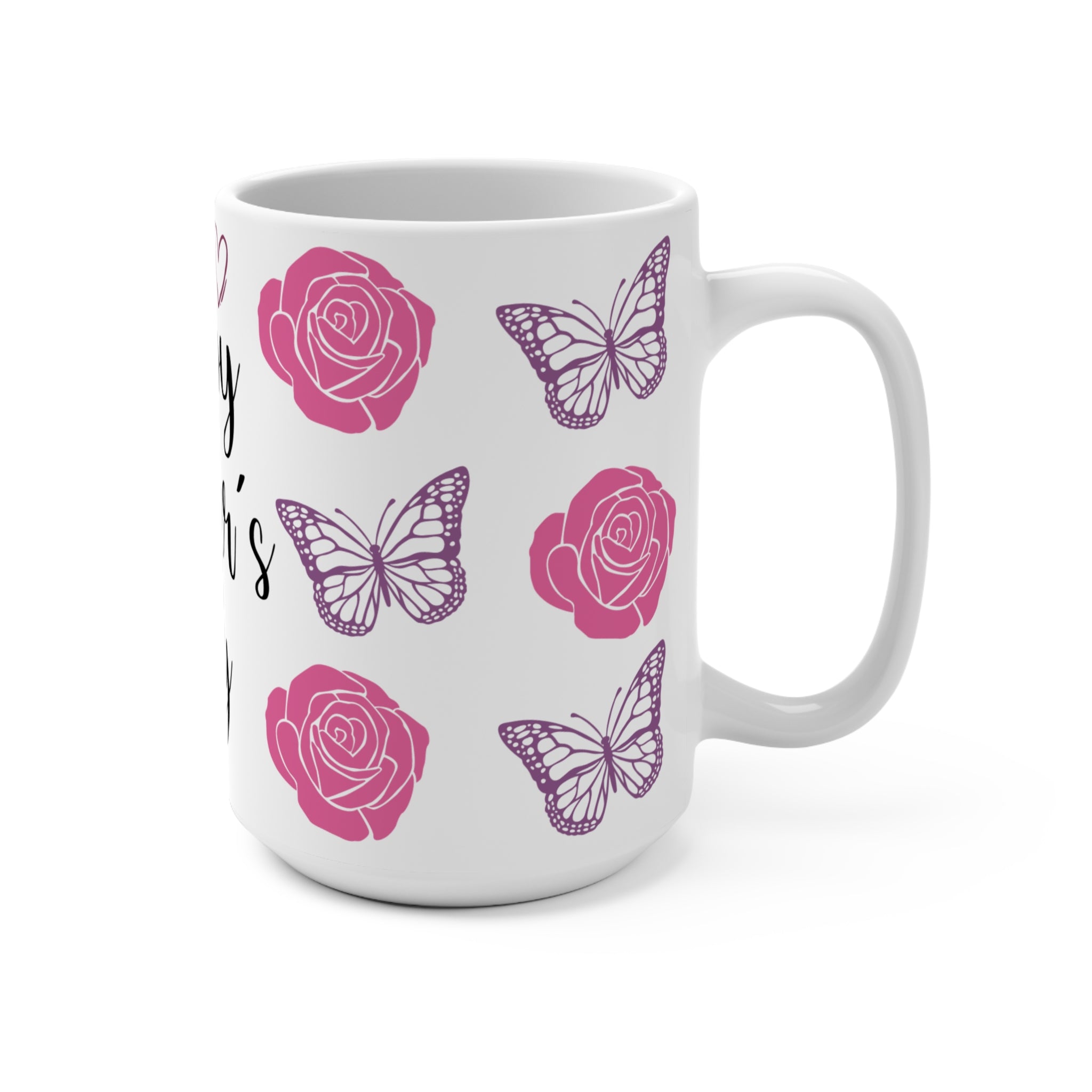 Happy Mother's Day Rose & Butterfly 15oz Ceramic Mug - Large Floral Coffee Cup with Pink Roses & Purple Butterflies - Mother's Day Gift - Aesthetic Botanical Tea Mug for Mom