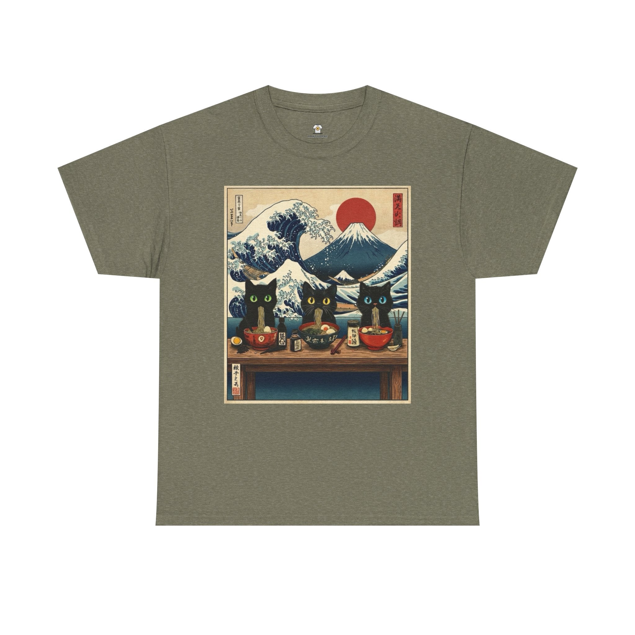 Japanese Sushi Cat Great Wave Graphic Tee - 100% Cotton Heavyweight Unisex T-Shirt - Vintage Ukiyo-e Style Hokusai Inspired Aesthetic Tee