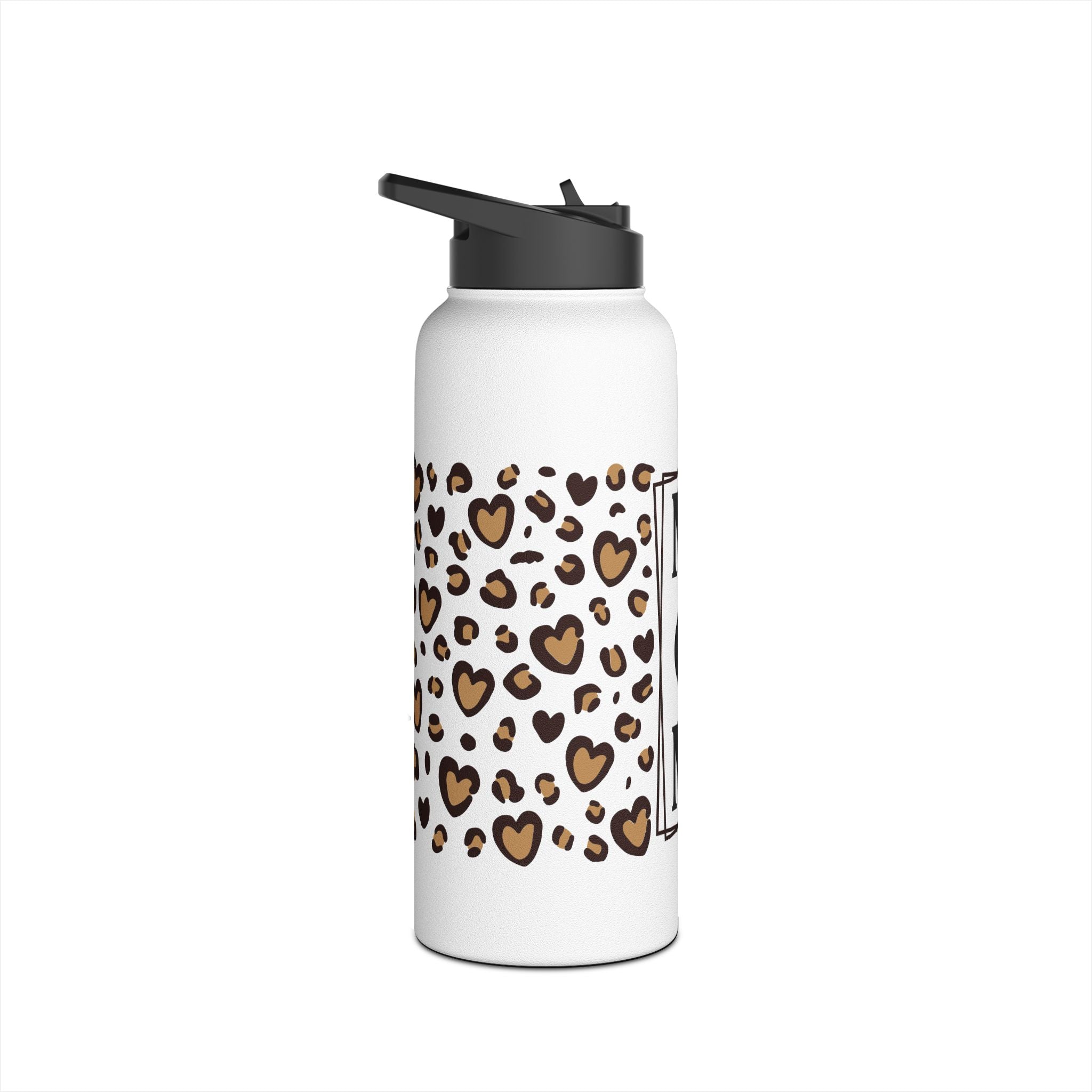 MOM Leopard Heart Stainless Steel Water Bottle - 12oz, 18oz, 32oz Matte White Insulated Bottle with Vertical Monogram - Mother's Day Gift - Cheetah Print Aesthetic Mom Bottle