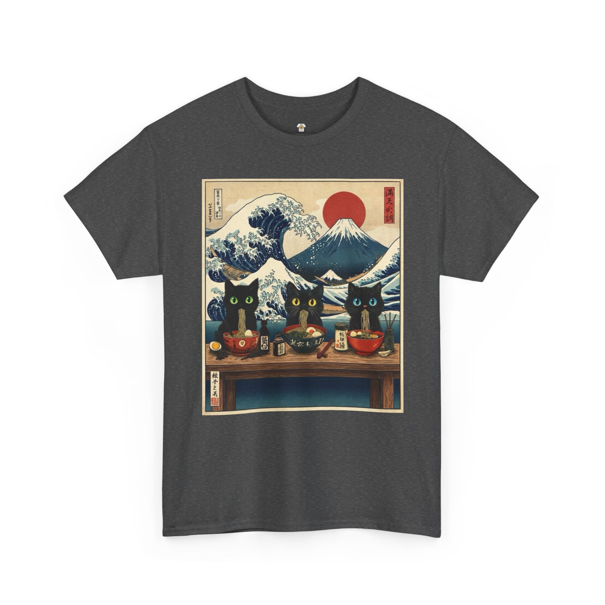 Japanese Sushi Cat Great Wave Graphic Tee - 100% Cotton Heavyweight Unisex T-Shirt - Vintage Ukiyo-e Style Hokusai Inspired Aesthetic Tee