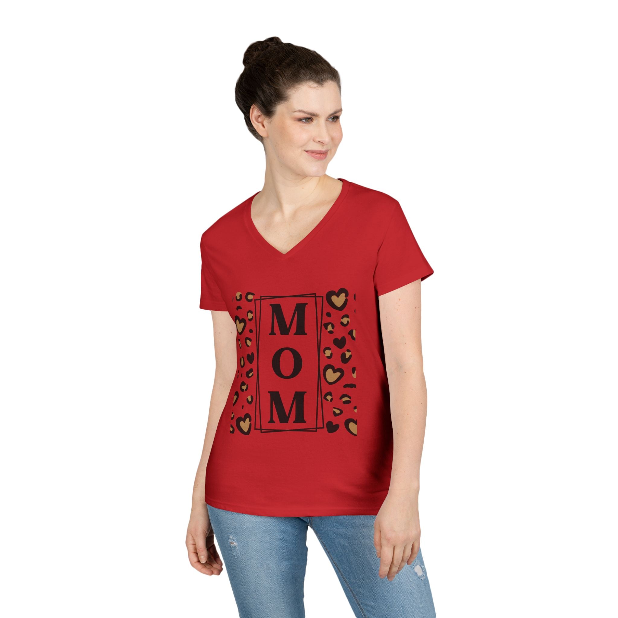 MOM Leopard Heart White V-Neck T-Shirt - 100% Cotton Semi-Fitted Graphic Tee - Mother's Day Gift - Cheetah Print Aesthetic Monogram Mom Shirt