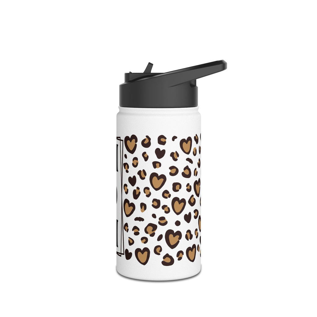 MOM Leopard Print Heart Stainless Steel Water Bottle - Vacuum Insulated 12oz 18oz 32oz Sizes - Mother's Day Gift - Matte White Double Wall Thermos with BPA-Free Lid