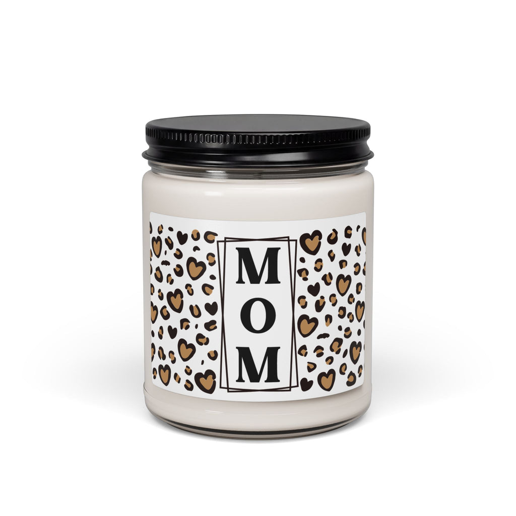 MOM Leopard Heart Scented Soy Candle - 9oz Glass Jar Eco-Friendly Candle - Chic Vertical Typography Gift - Animal Print Heart Decor - Long Lasting 50-60 Hour Burn