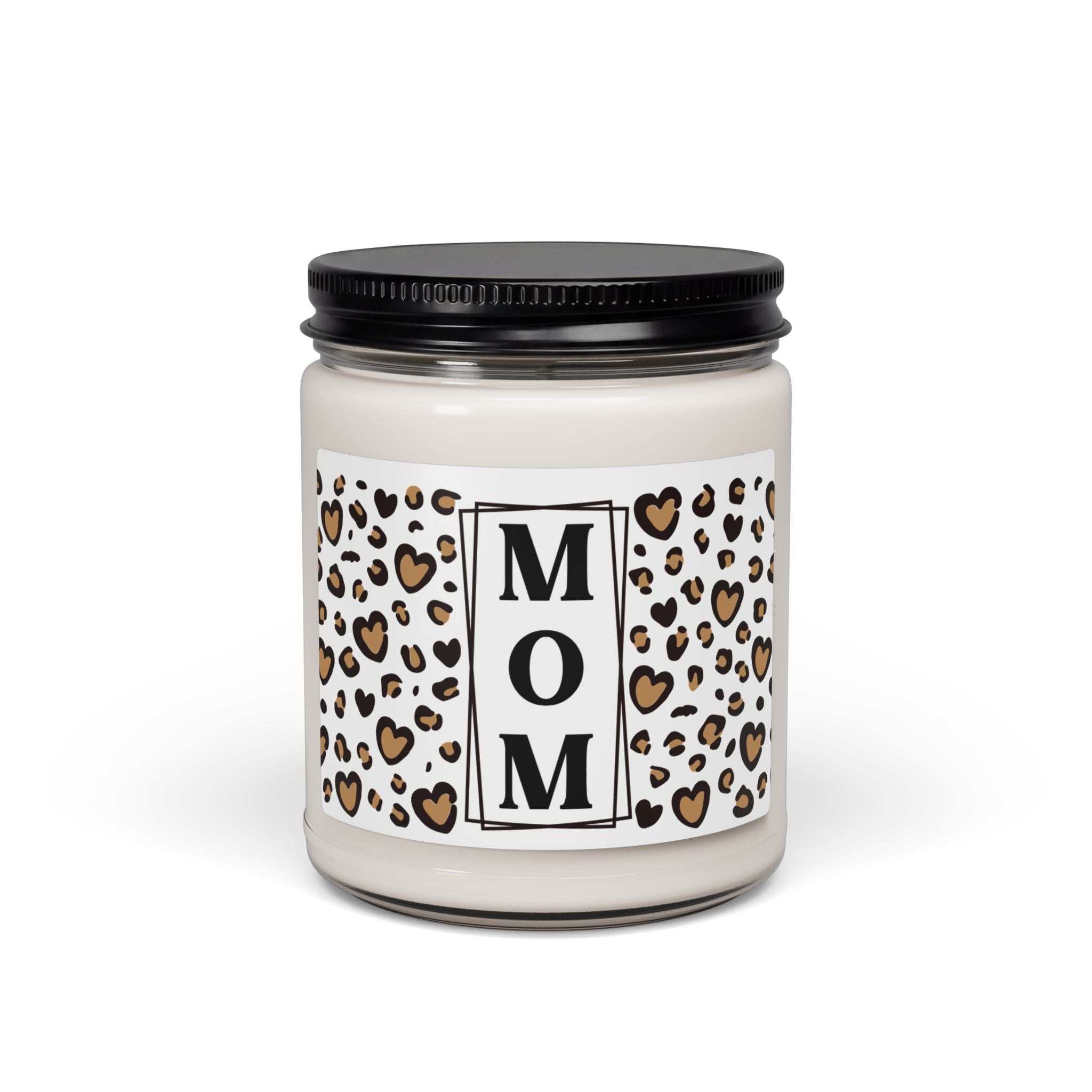 MOM Leopard Heart Scented Soy Candle - 9oz Glass Jar Eco-Friendly Candle - Chic Vertical Typography Gift - Animal Print Heart Decor - Long Lasting 50-60 Hour Burn