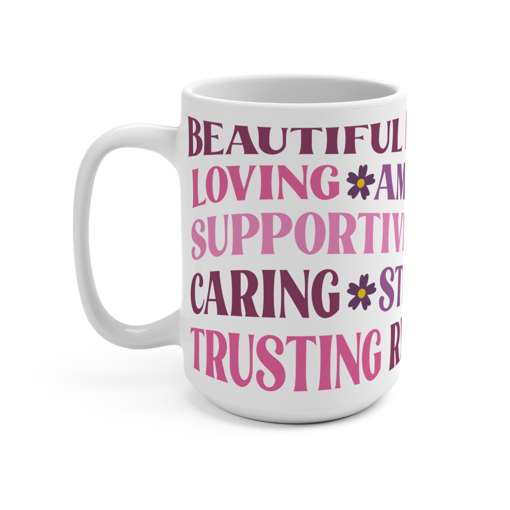 Kind Amazing Strong Motivational 15oz Ceramic Mug - Large Positive Affirmation Coffee Cup with Pink & Purple Typography - Mother's Day Gift - Uplifting Self-Care Mug for Women