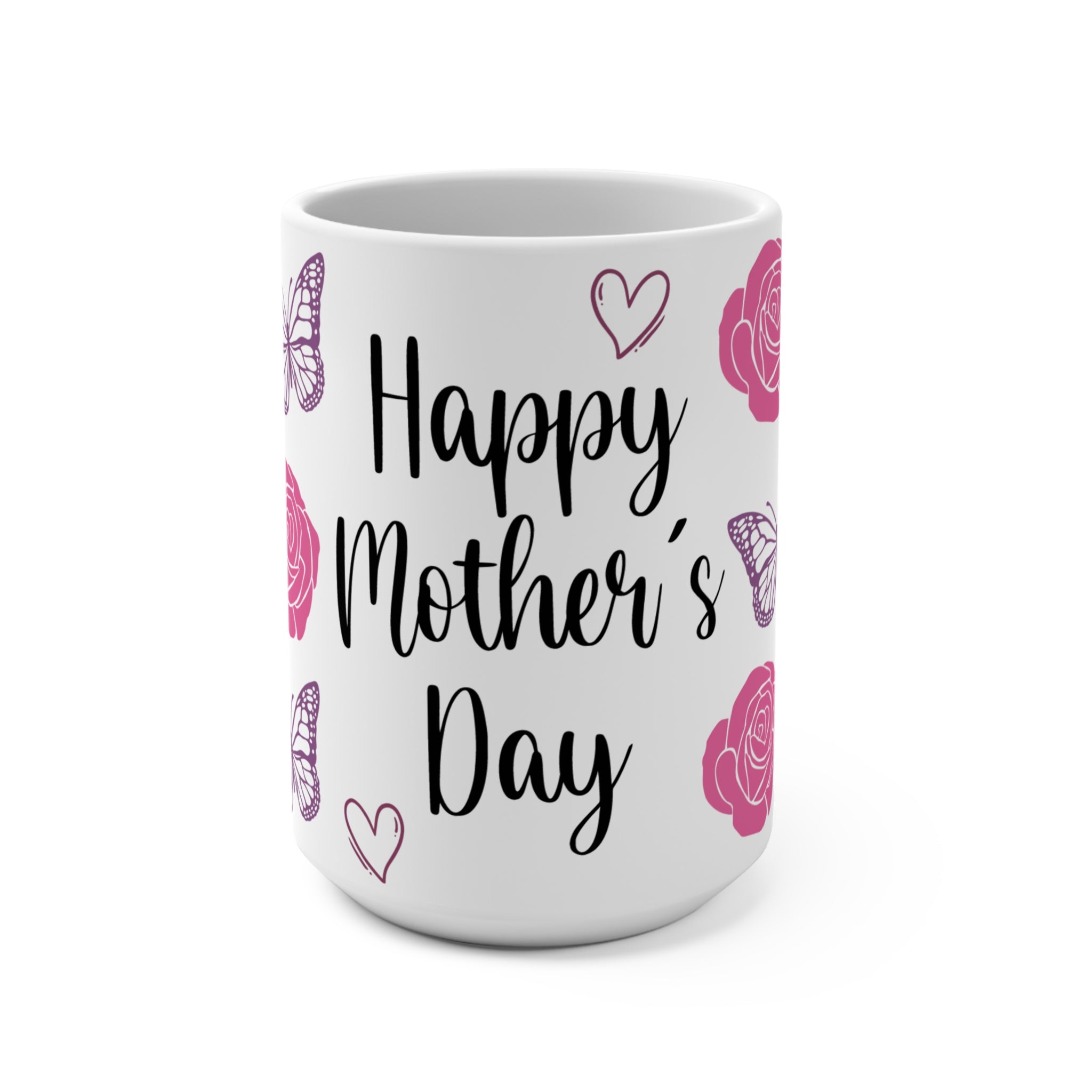 Happy Mother's Day Rose & Butterfly 15oz Ceramic Mug - Large Floral Coffee Cup with Pink Roses & Purple Butterflies - Mother's Day Gift - Aesthetic Botanical Tea Mug for Mom