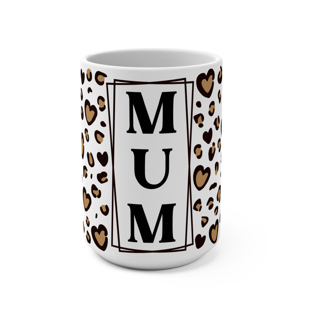 MUM Monogram Leopard Heart 15oz Ceramic Mug - Large Coffee Cup with Vertical Typography & Animal Print - Mother's Day Gift - Chic Cheetah Heart Aesthetic Mum Mug
