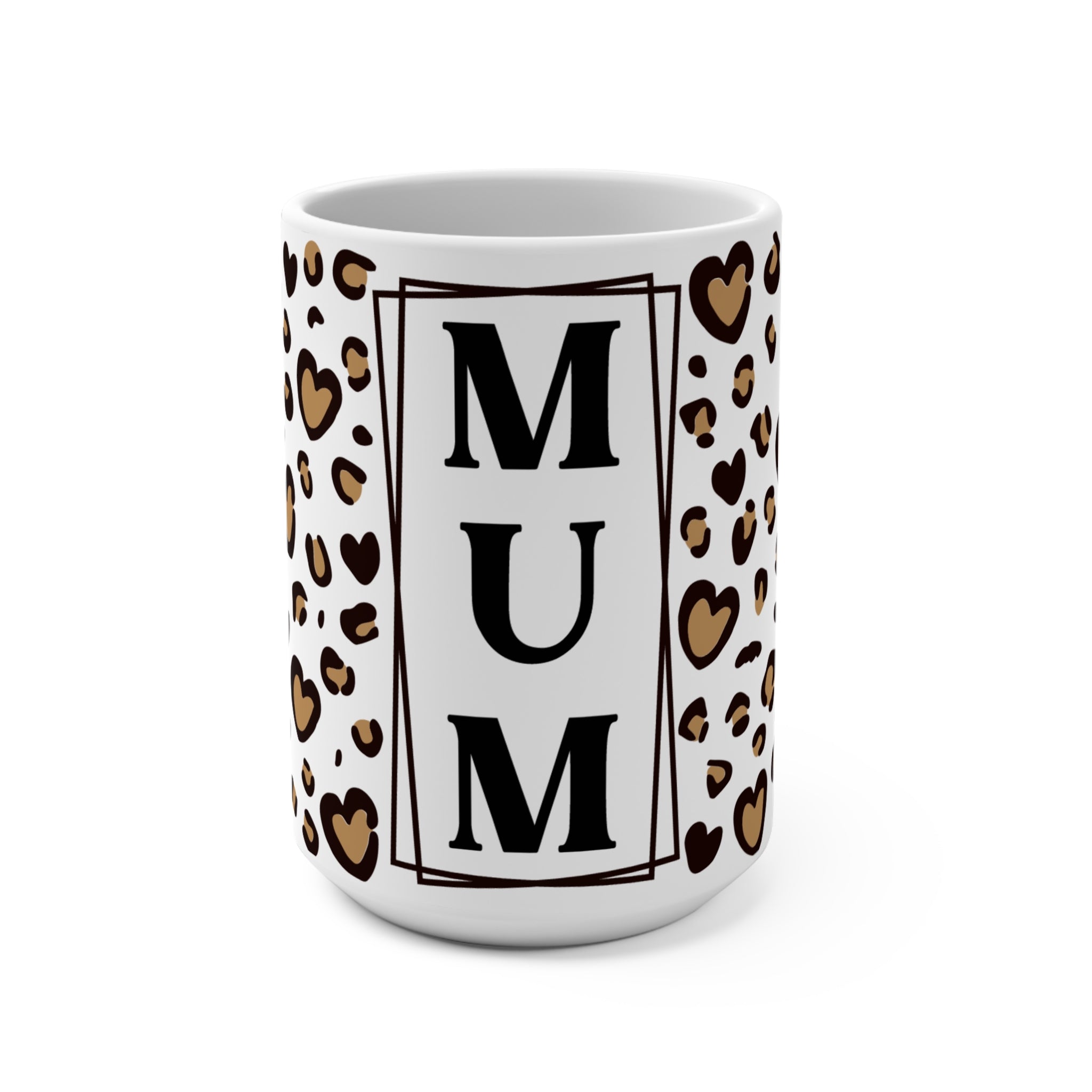 MUM Monogram Leopard Heart 15oz Ceramic Mug - Large Coffee Cup with Vertical Typography & Animal Print - Mother's Day Gift - Chic Cheetah Heart Aesthetic Mum Mug
