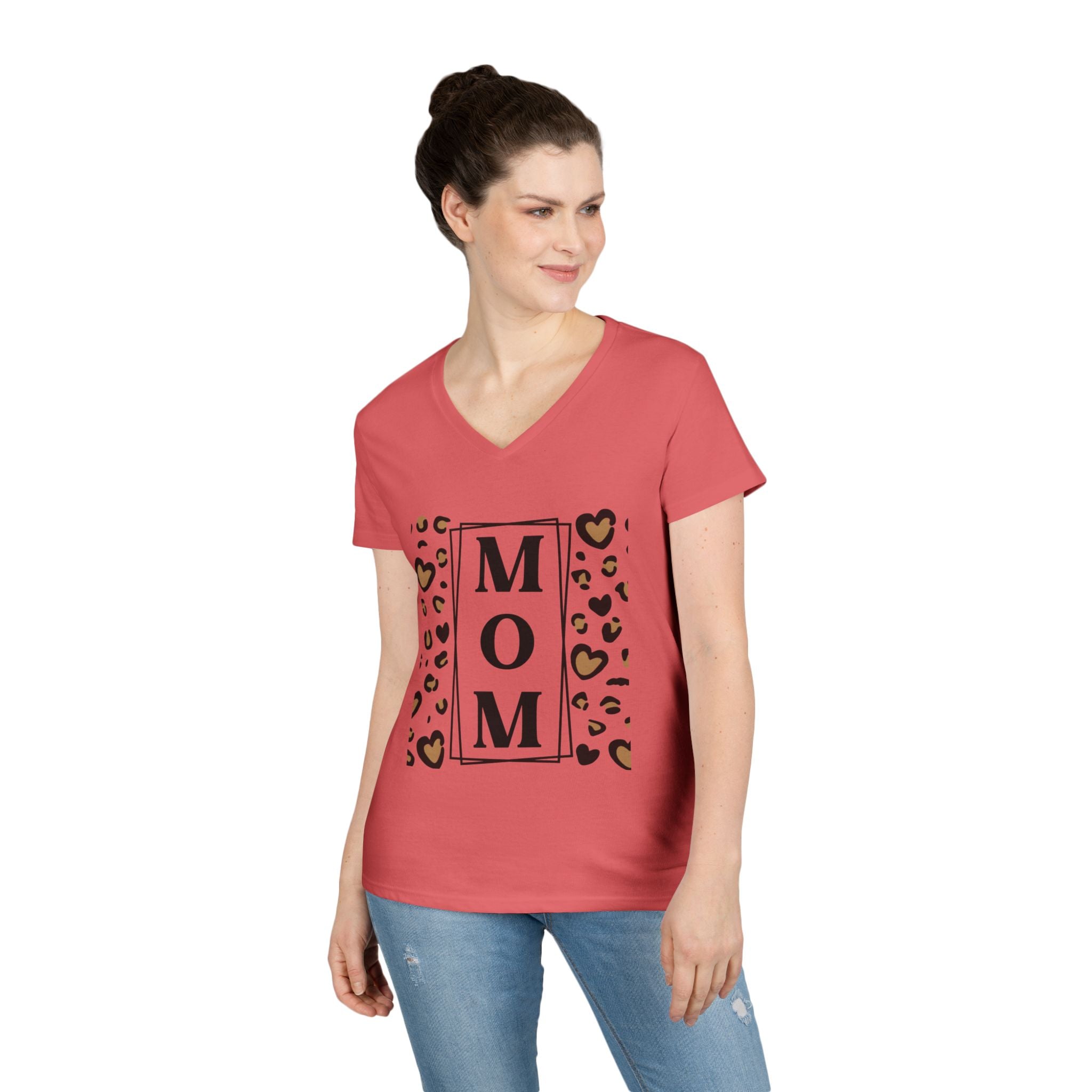 MOM Leopard Heart White V-Neck T-Shirt - 100% Cotton Semi-Fitted Graphic Tee - Mother's Day Gift - Cheetah Print Aesthetic Monogram Mom Shirt