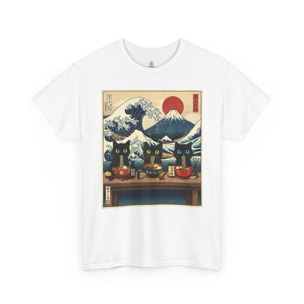 Japanese Sushi Cat Great Wave Graphic Tee - 100% Cotton Heavyweight Unisex T-Shirt - Vintage Ukiyo-e Style Hokusai Inspired Aesthetic Tee