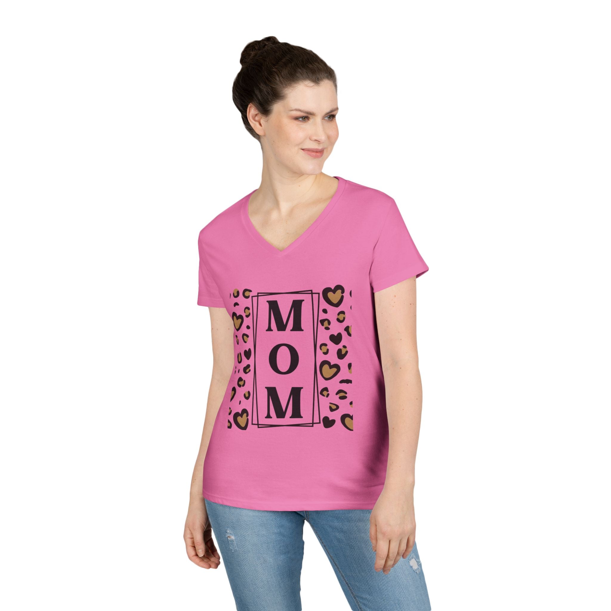 MOM Leopard Heart White V-Neck T-Shirt - 100% Cotton Semi-Fitted Graphic Tee - Mother's Day Gift - Cheetah Print Aesthetic Monogram Mom Shirt