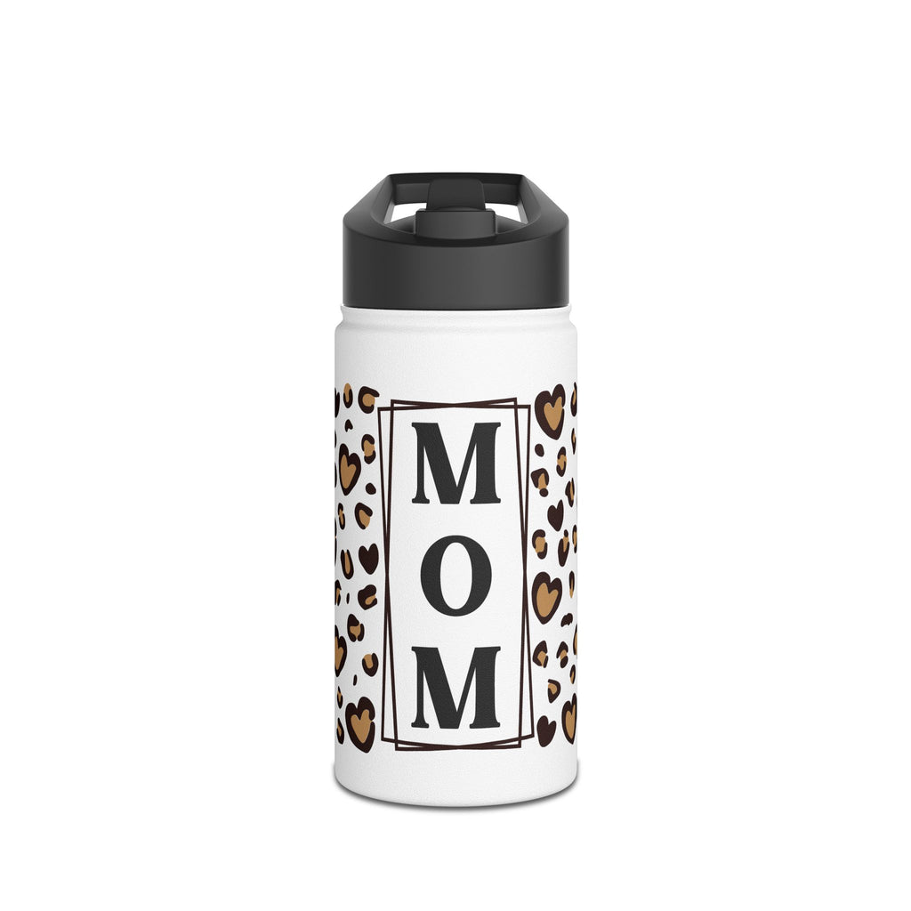 MOM Leopard Print Heart Stainless Steel Water Bottle - Vacuum Insulated 12oz 18oz 32oz Sizes - Mother's Day Gift - Matte White Double Wall Thermos with BPA-Free Lid