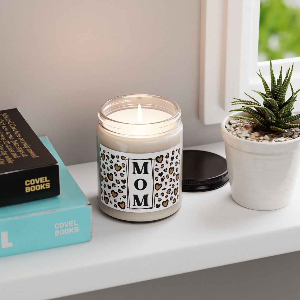 MOM Leopard Heart Scented Soy Candle - 9oz Glass Jar Eco-Friendly Candle - Chic Vertical Typography Gift - Animal Print Heart Decor - Long Lasting 50-60 Hour Burn