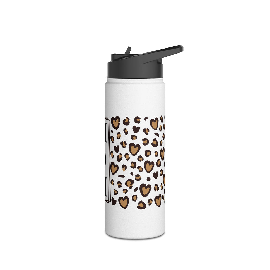 MOM Leopard Print Heart Stainless Steel Water Bottle - Vacuum Insulated 12oz 18oz 32oz Sizes - Mother's Day Gift - Matte White Double Wall Thermos with BPA-Free Lid