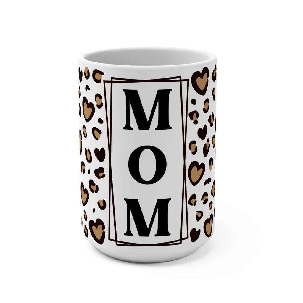 MOM Monogram Leopard Heart 15oz Ceramic Mug - Large Coffee Cup with Vertical Typography & Animal Print - Mother's Day Gift - Chic Cheetah Heart Aesthetic Mom Mug