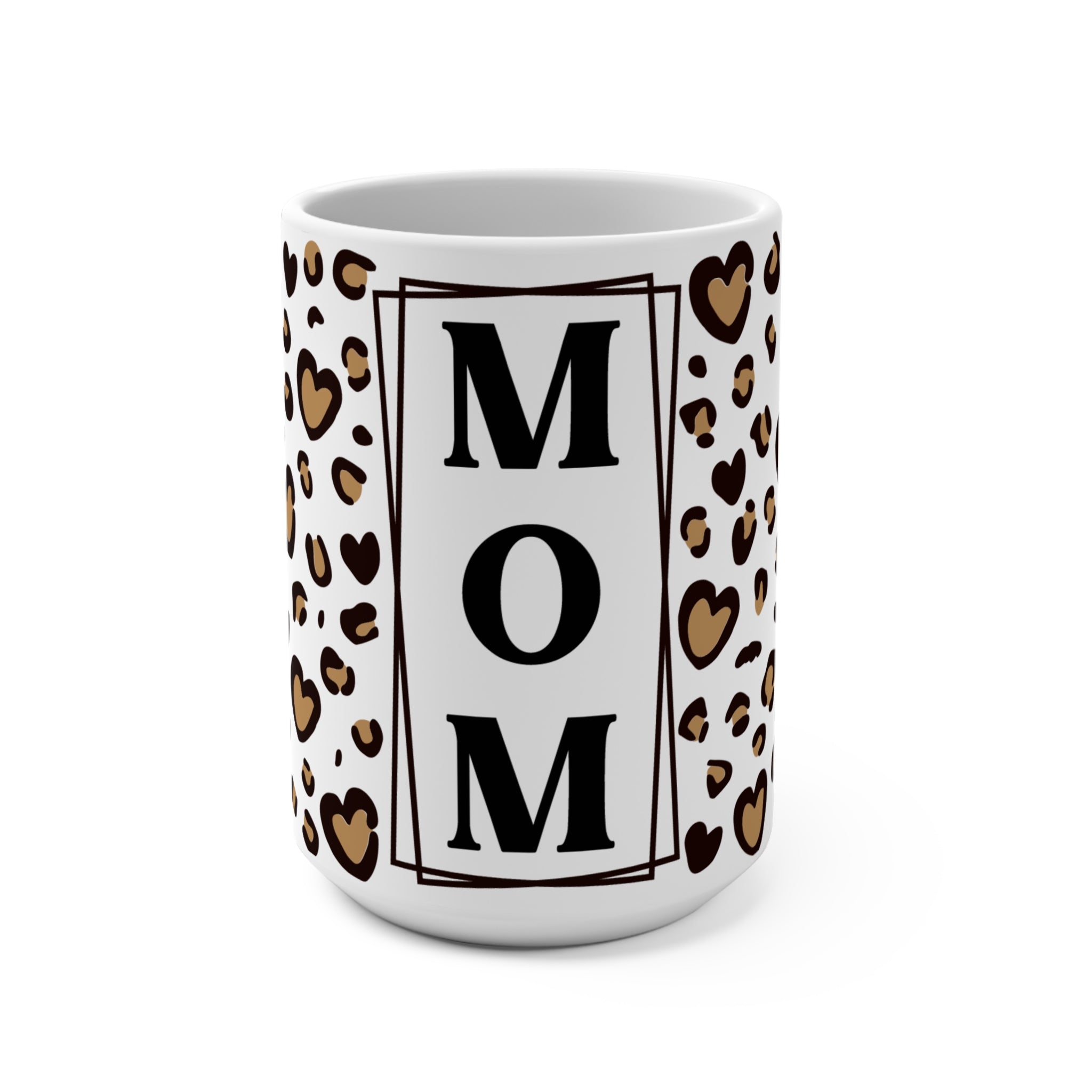 MOM Monogram Leopard Heart 15oz Ceramic Mug - Large Coffee Cup with Vertical Typography & Animal Print - Mother's Day Gift - Chic Cheetah Heart Aesthetic Mom Mug