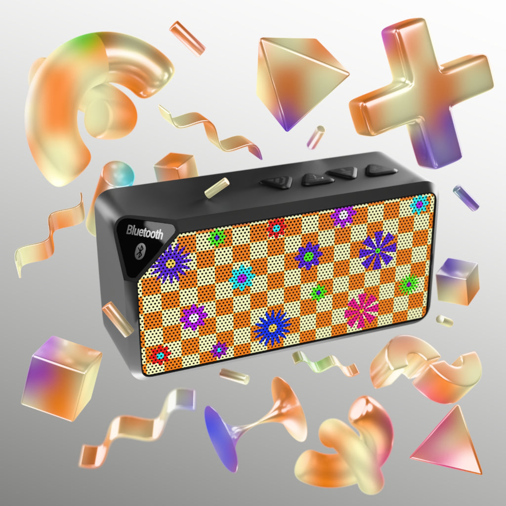 Retro Checkerboard Floral Portable Bluetooth Speaker - Orange & Purple Vintage Aesthetic Wireless Speaker - 3W Mini Sound Box with 10m Range & Aux Input - Trendy Boho Tech Decor