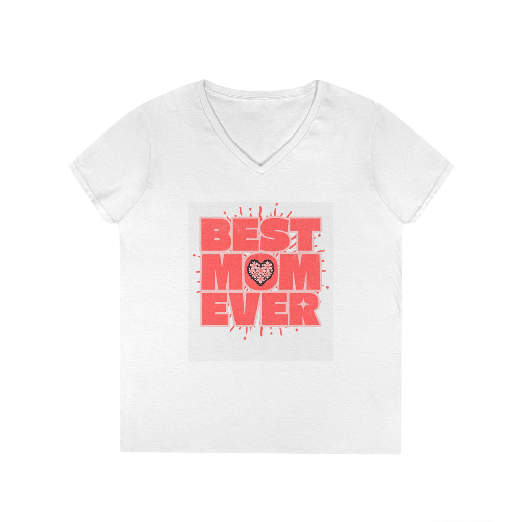 Best Mom Ever Pink Heart White V-Neck T-Shirt - 100% Cotton Semi-Fitted Graphic Tee - Mother's Day Gift - Leopard Print Heart Aesthetic Mom Shirt