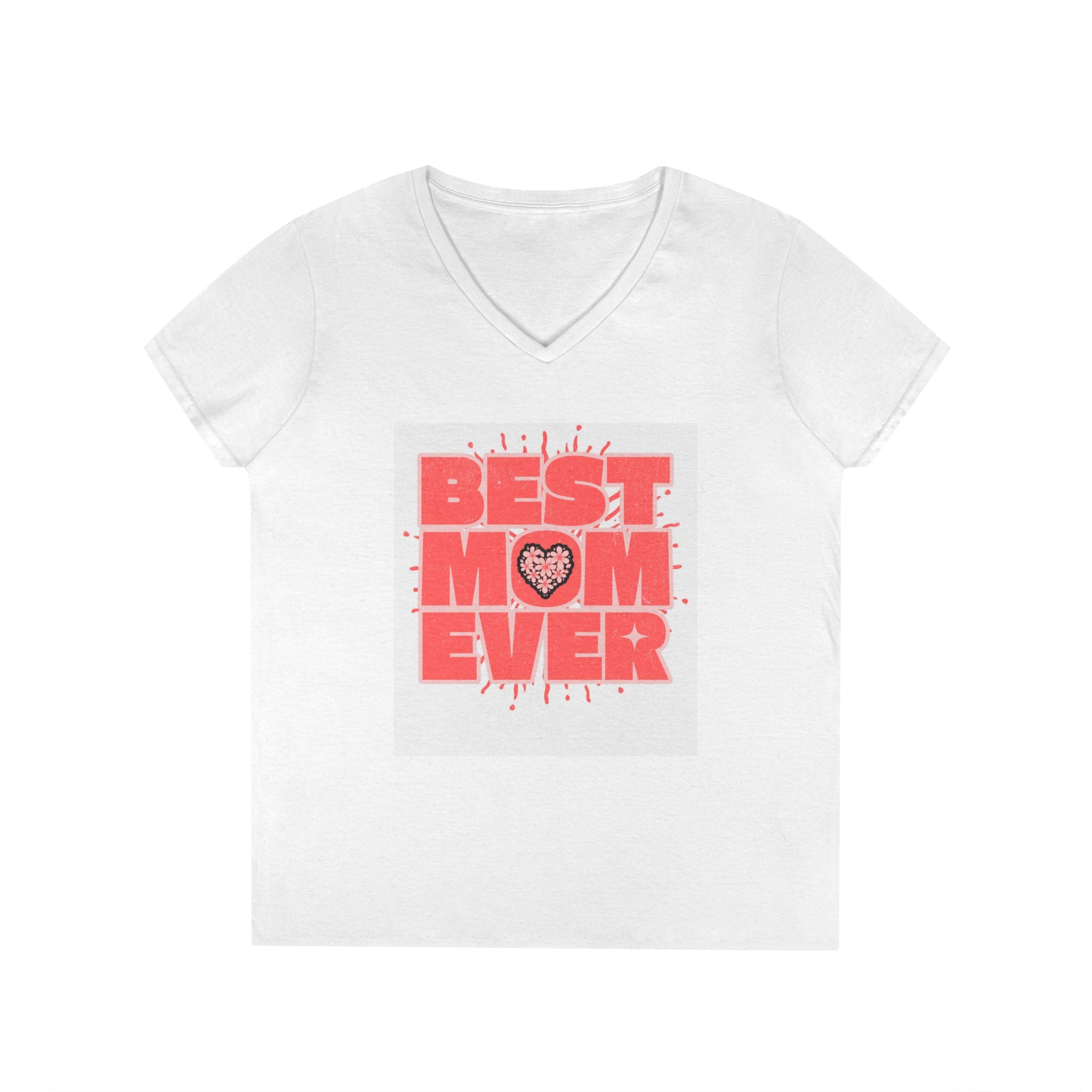 Best Mom Ever Pink Heart White V-Neck T-Shirt - 100% Cotton Semi-Fitted Graphic Tee - Mother's Day Gift - Leopard Print Heart Aesthetic Mom Shirt