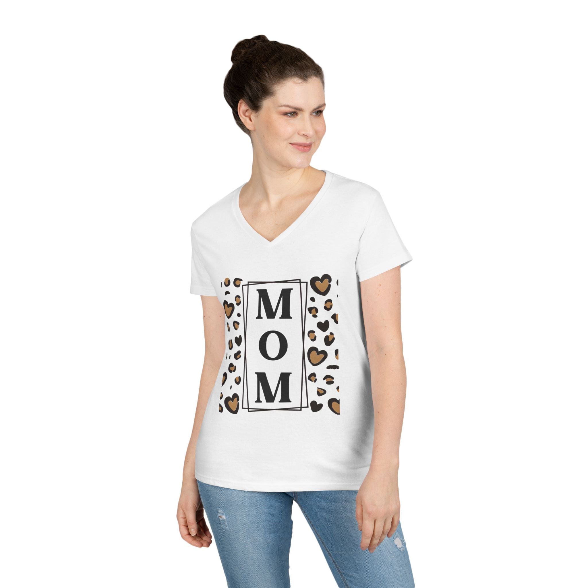 MOM Leopard Heart White V-Neck T-Shirt - 100% Cotton Semi-Fitted Graphic Tee - Mother's Day Gift - Cheetah Print Aesthetic Monogram Mom Shirt