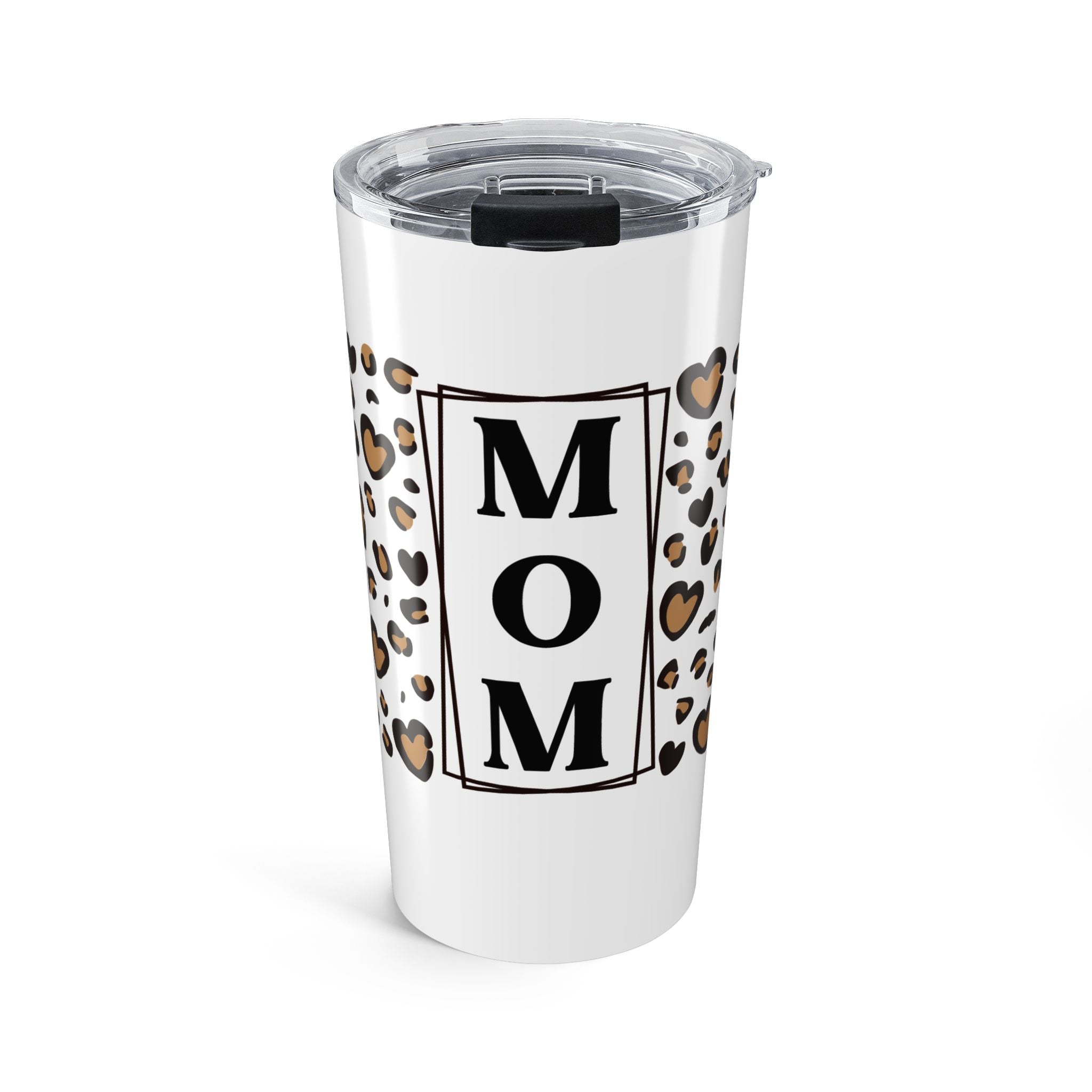 MOM Leopard Print Vertical Panel 20oz Stainless Steel Tumbler - Vacuum Insulated Travel Mug with Spill-Proof Lid - Trendy Mother's Day Gift - Cheetah Heart Aesthetic Coffee Cup