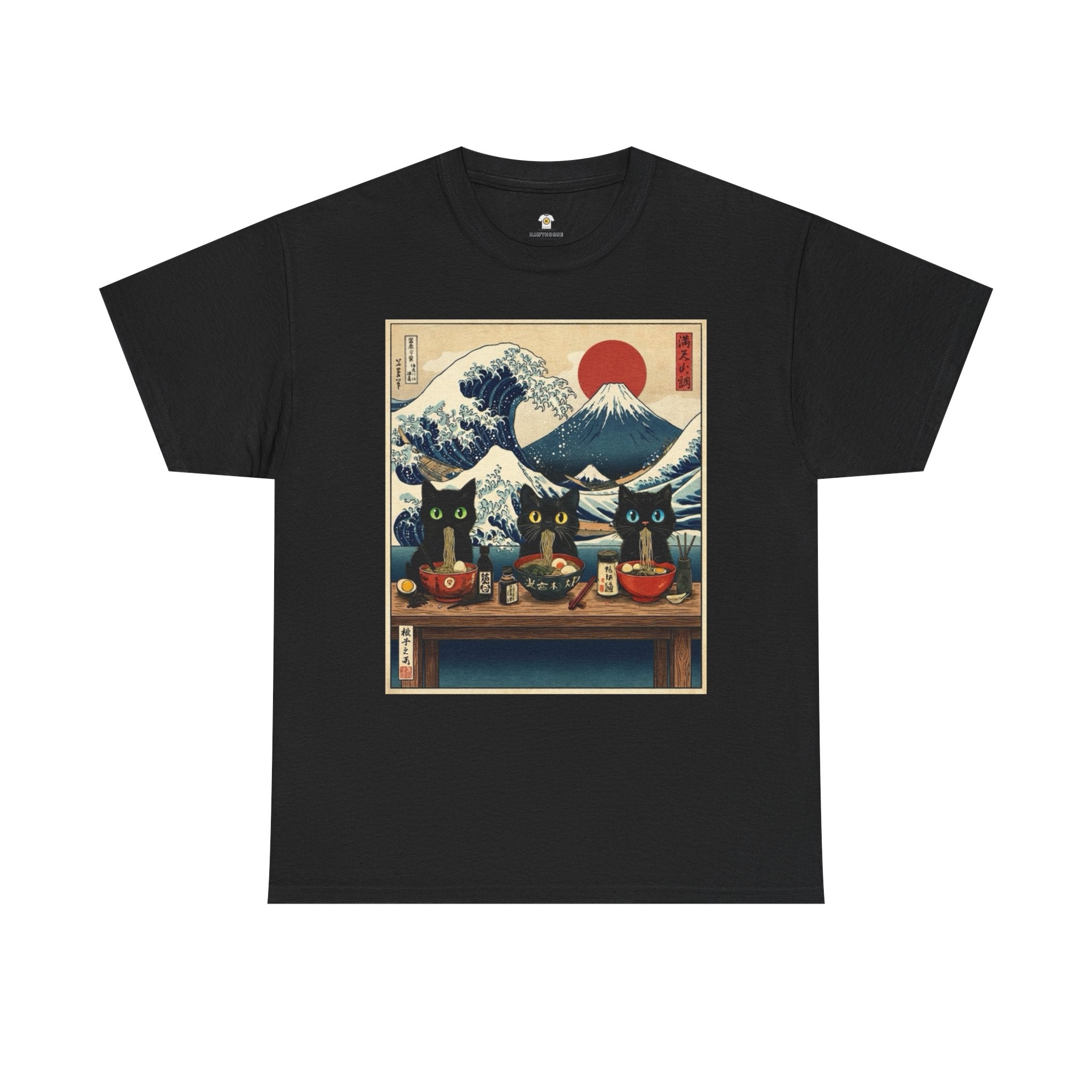Japanese Sushi Cat Great Wave Graphic Tee - 100% Cotton Heavyweight Unisex T-Shirt - Vintage Ukiyo-e Style Hokusai Inspired Aesthetic Tee