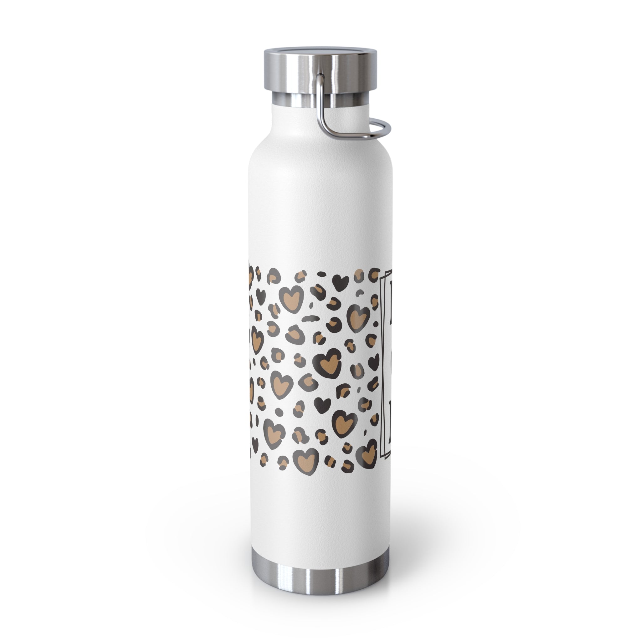 MOM Leopard Heart 22oz Copper Vacuum Insulated Bottle - Matte White Stainless Steel Water Bottle with Spill-Proof Loop Lid - Trendy Mother's Day Gift - Cheetah Print Aesthetic Mom Bottle