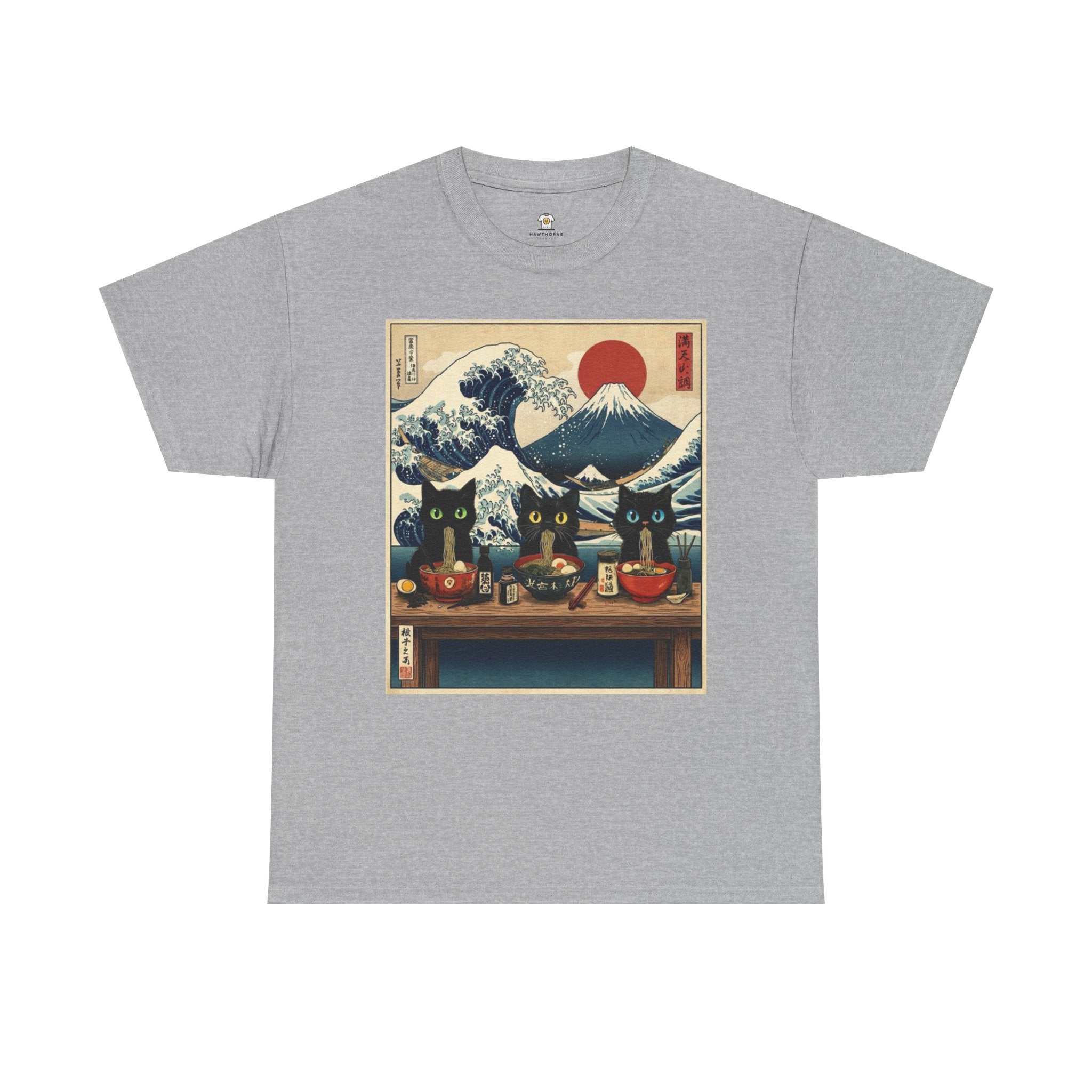 Japanese Sushi Cat Great Wave Graphic Tee - 100% Cotton Heavyweight Unisex T-Shirt - Vintage Ukiyo-e Style Hokusai Inspired Aesthetic Tee