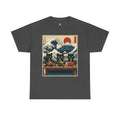 Japanese Sushi Cat Great Wave Graphic Tee - 100% Cotton Heavyweight Unisex T-Shirt - Vintage Ukiyo-e Style Hokusai Inspired Aesthetic Tee