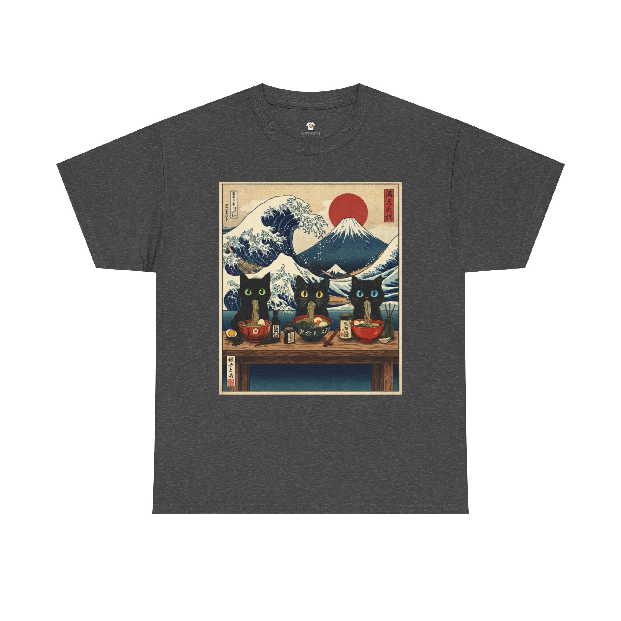 Japanese Sushi Cat Great Wave Graphic Tee - 100% Cotton Heavyweight Unisex T-Shirt - Vintage Ukiyo-e Style Hokusai Inspired Aesthetic Tee