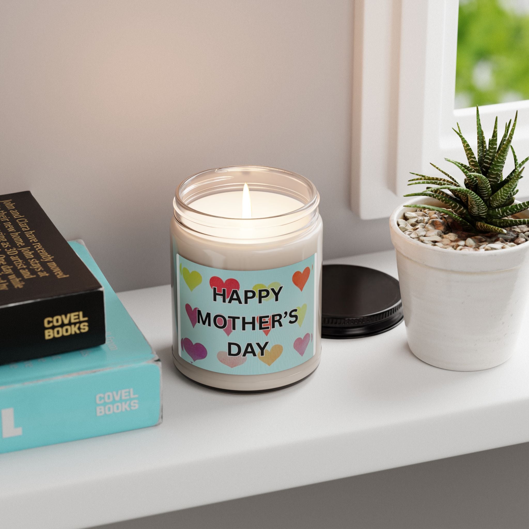 Happy Mother's Day Scented Soy Candle - 9oz Glass Jar Eco-Friendly Candle - Pastel Heart Aesthetic Gift - Colorful Hearts & Bold Typography - Long Lasting 50-60 Hour Burn
